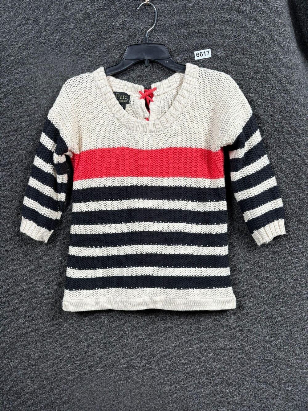 Pure Handknit Sweater Womens XS/S Cream Navy Red Stripe Cotton Lace Up Back